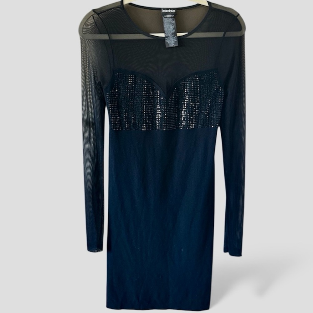 Bebe Black Mesh Long Sleeve Beaded Sweetheart Mini Dress Y2K Club Party M/L